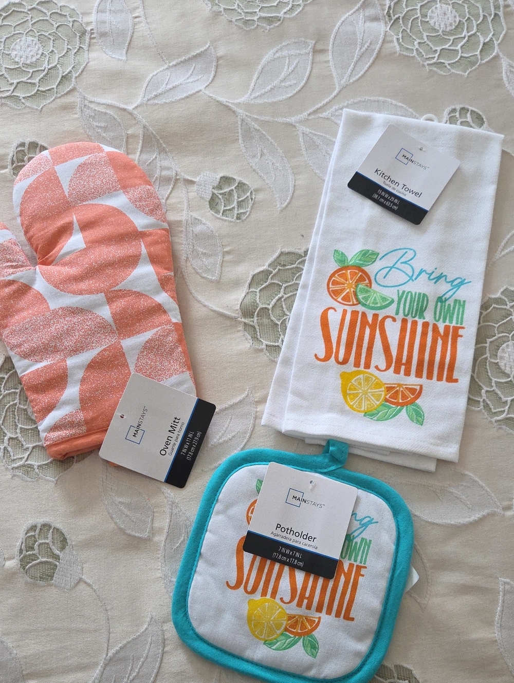 Bring Your Own Sunshine Kitchen Towel, Potholder & Coral Oven Mitt Set